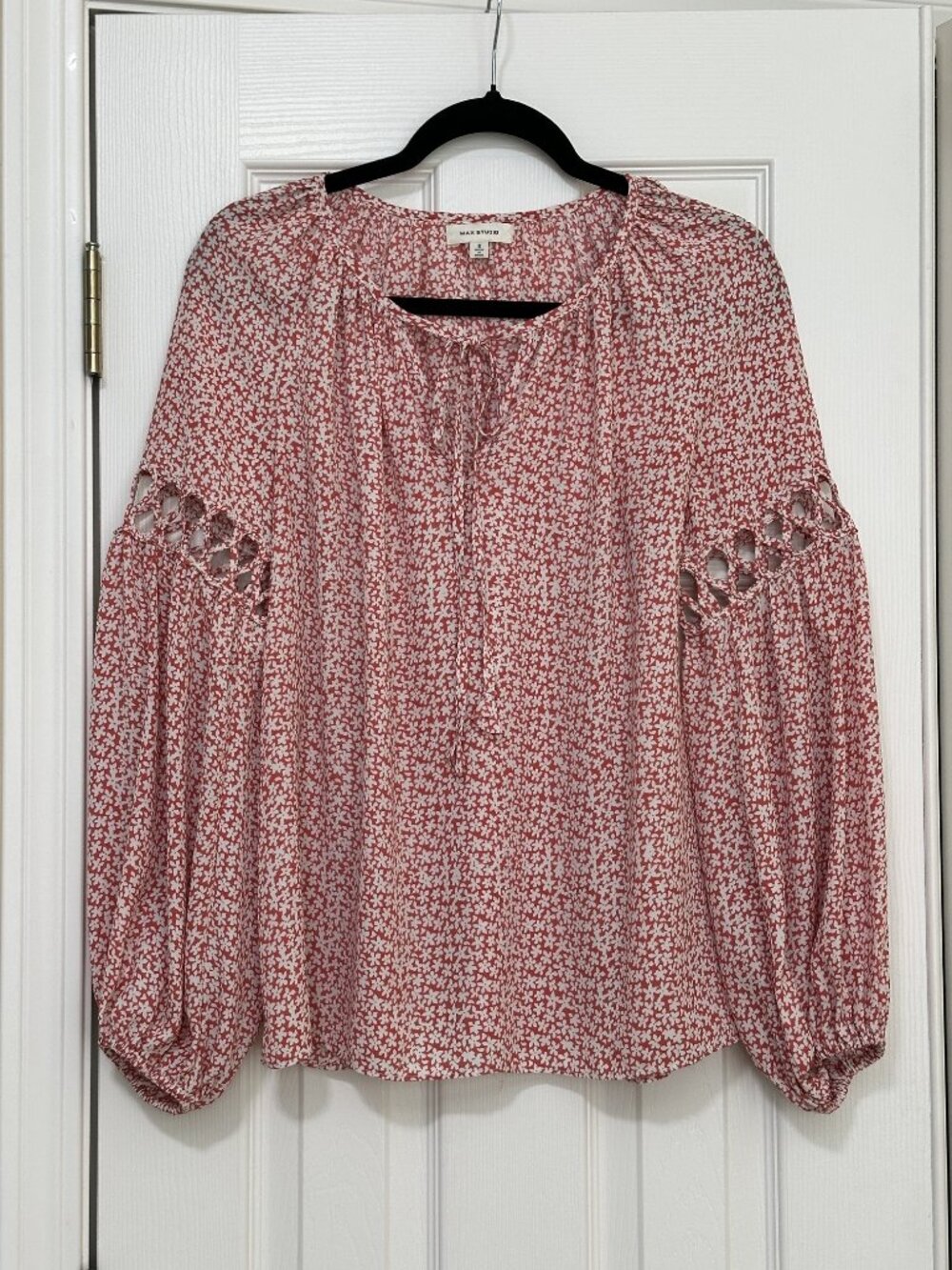 MAX STUDIO Floral Print Long Balloon Sleeve Peasant Blouse Orange White Size S
